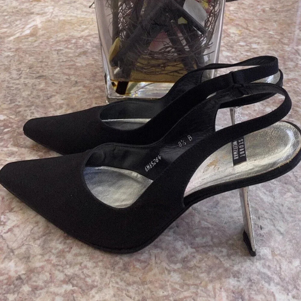 STUART WEITZMAN Black Satin Slingback Rhinestone Heel Pumps shoe stylish